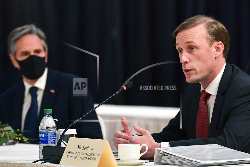Frederic J. Brown Secretary of State Antony Blinken, left, listen as national security adviser Jake Sullivan, right, speaks at the opening session of US-China talks at the Captain Cook Hotel in Anchorage, Alaska, Thursday, March 18, 2021. (Frederic J. Brown/Pool via AP)