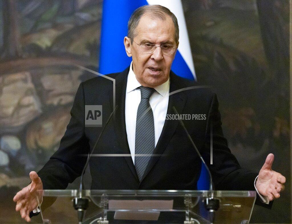 Alexander Zemlianichenko Russian Foreign Minister Sergey Lavrov gestures while speaking to journalists during a joint news conference with Palestinian Foreign Minister Riyad Al-Maliki following their talks in Moscow, Russia, Wednesday, May 5, 2021. (AP Photo/Alexander Zemlianichenko, Pool)