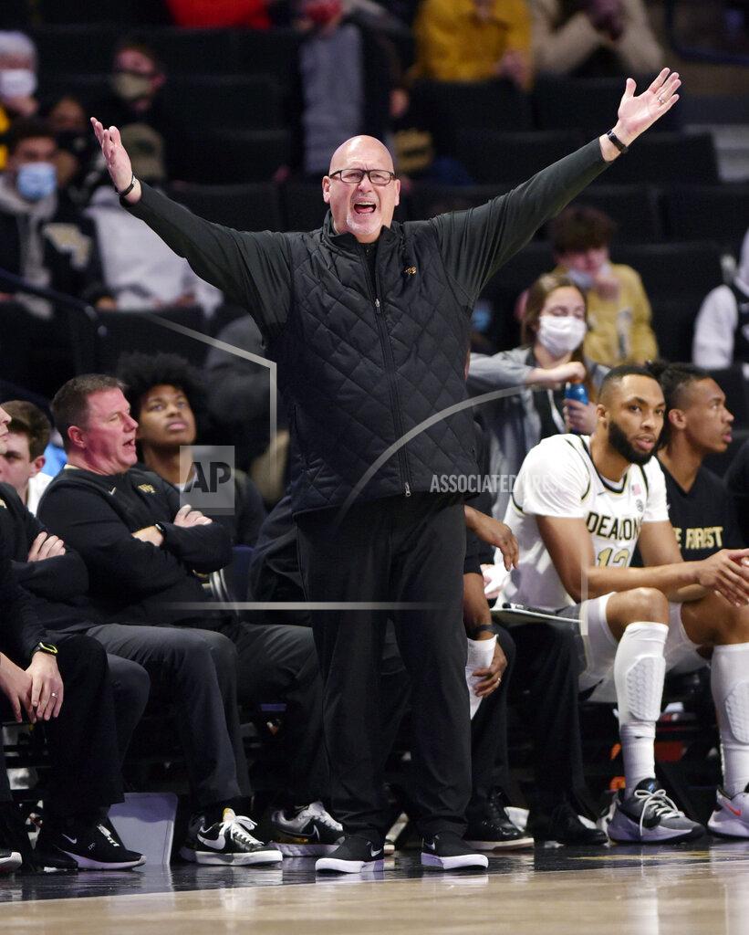 Walt Unks Wake Forest head coach Steve Forbes reacts to a call in the first half of an NCAA college basketball game against Florida State, Tuesday, Jan. 4, 2022 at Joel Coliseum in Winston-Salem, N.C. (Walt Unks/The Winston-Salem Journal via AP)
