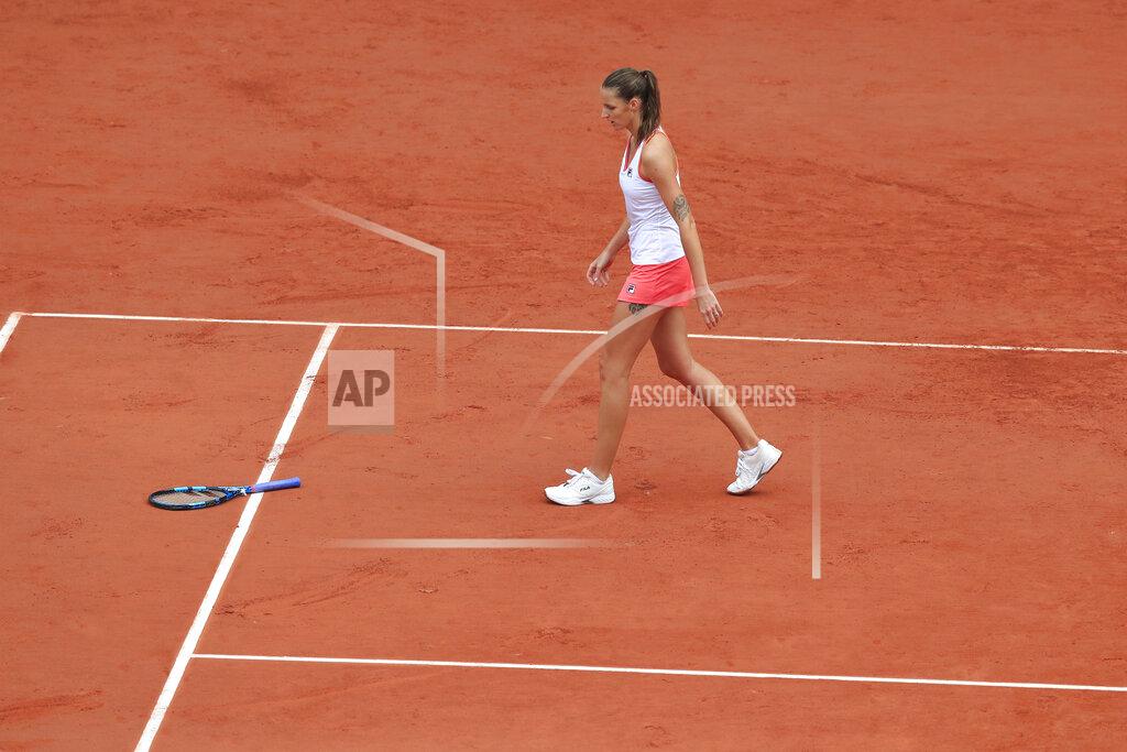 Michel Euler Karolina Pliskova of the Czech Republic reacts after losing her first set against Egypt's Mayar Sherif in the first round match of the French Open tennis tournament at the Roland Garros stadium in Paris, France, Tuesday, Sept. 29, 2020. (AP Photo/Michel Euler)
