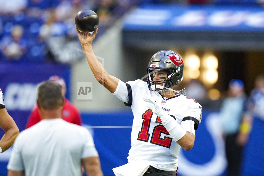 Aj Mast Tampa Bay Buccaneers quarterback Tom Brady (12) throws before an NFL preseason preseason football game against the Indianapolis Colts in Indianapolis, Saturday, Aug. 27, 2022. (AP Photo/AJ Mast)