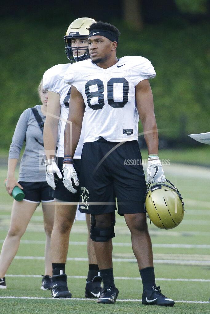 Mark Humphrey In this Aug. 5, 2019, photo, Vanderbilt tight end Jared Pinkney waits his turn to run a drill during an NCAA college football practice in Nashville, Tenn. Vanderbilt has won at least five games each of the past three seasons and reached two bowls in that span. They've also won three straight against in-state rival Tennessee for their longest winning streak in this series since the 1920s. (AP Photo/Mark Humphrey)