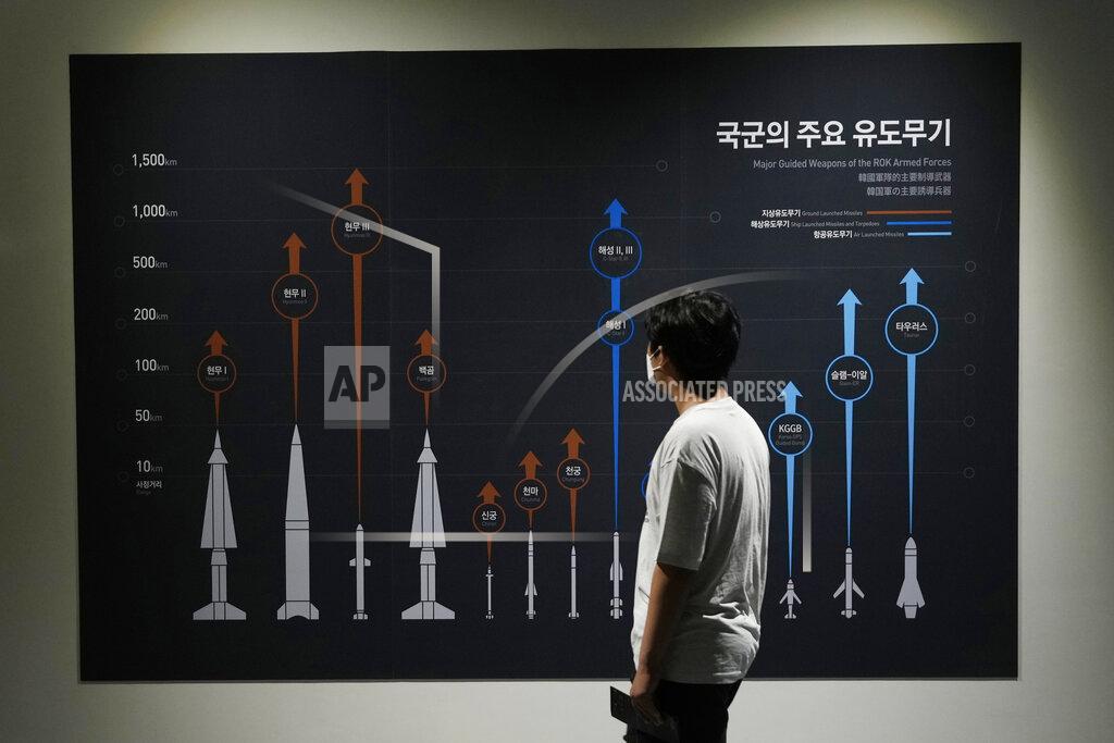Ahn Young-Joon A visitor watches a display board showing major guide weapons of the South Korean armed forces at Korea War Memorial Museum in Seoul, South Korea, Friday, July 23, 2021. Top U.S. and South Korean officials agreed Thursday to try to convince North Korea to return to talks on its nuclear program, which Pyongyang has insisted it won't do in protest of what it calls U.S. hostility. (AP Photo/Ahn Young-joon)