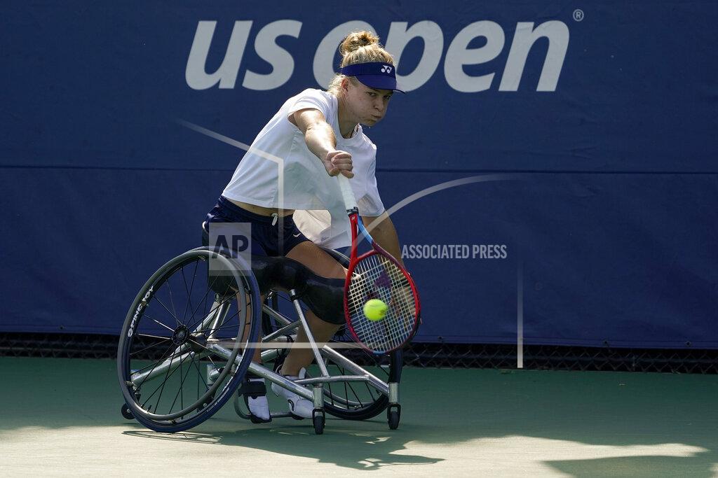 Elise Amendola Diede De Groot, practices at the Bille Jean King National Tennis Center during the US Open tennis championships, Wednesday, Sept. 8, 2021, in New York. De Groot can do something at the U.S. Open that even Novak Djokovic can't. The wheelchair star will try to complete the Golden Slam -- all four major titles plus the Paralympic gold medal in the same year -- when competition begins Thursday. (AP Photo/Elise Amendola)