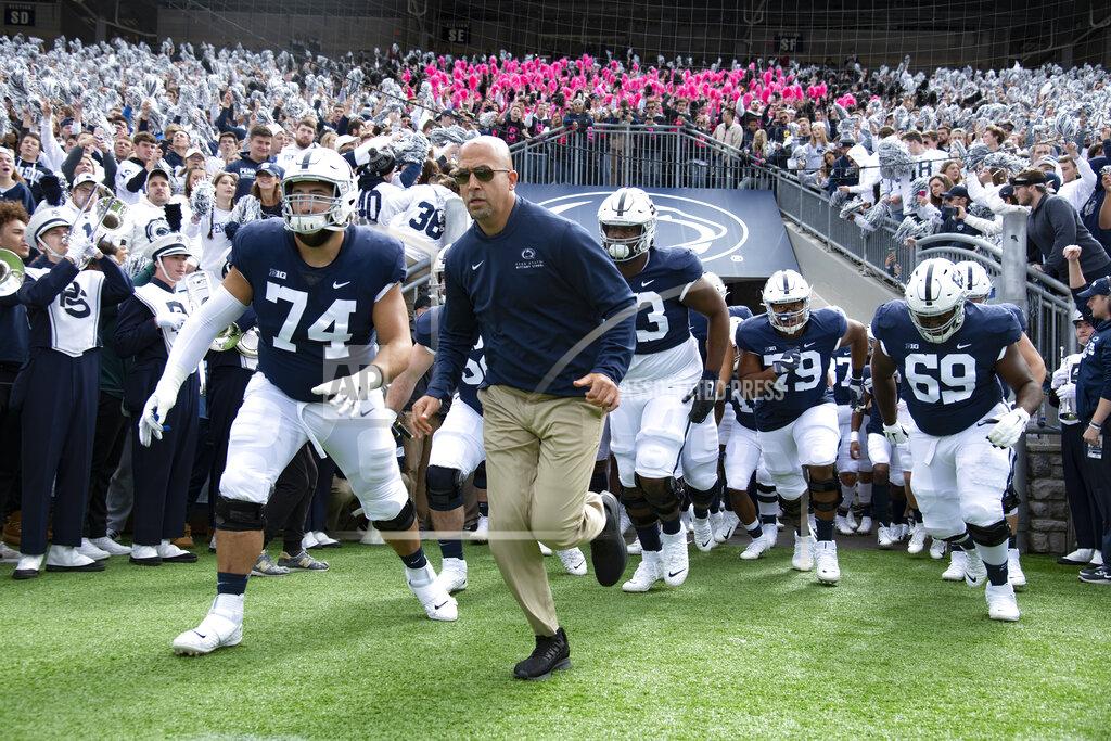 Barry Reeger FILE - In this Oct. 5, 2019, file photo, Penn State head coach James Franklin leads his team onto the field for their NCAA college football game against Purdue, in State College, Pa. Penn State (8-0) plays against Minnesota (8-0) on Saturday, Nov. 9. (AP Photo/Barry Reeger, File)