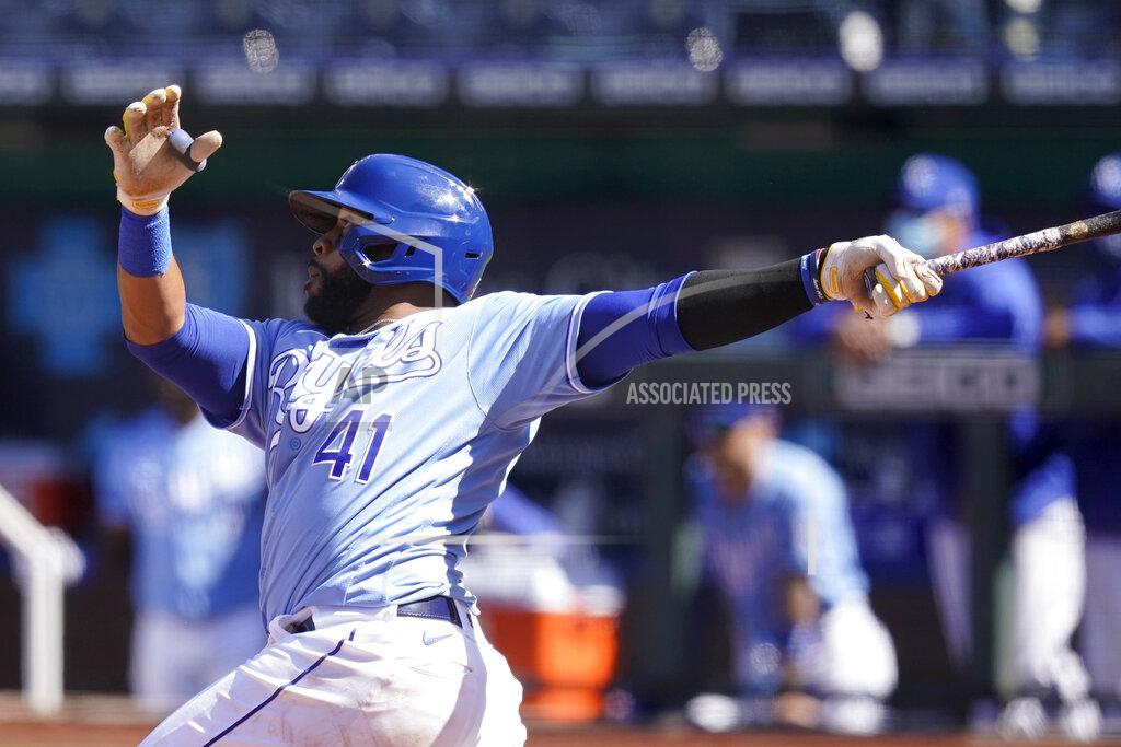 Orlin Wagner Kansas City Royals Carlos Santana hits a two-run home run during the seventh inning of a baseball game against the Los Angeles Angels at Kauffman Stadium in Kansas City, Mo., Wednesday, April 14, 2021. (AP Photo/Orlin Wagner)