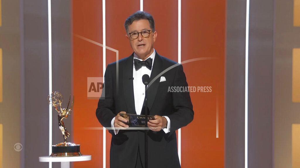 Uncredited In this video grab issued Sunday, Sept. 19, 2021, by the Television Academy, Stephen Colbert presents the award for outstanding supporting actress in a drama series during the Primetime Emmy Awards. (Television Academy via AP)