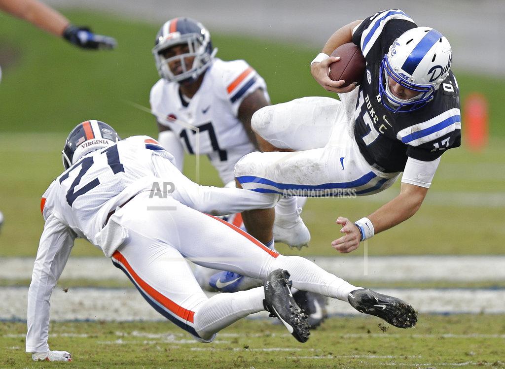 Gerry Broome Virginia safety Juan Thornhill (21) tackles Duke quarterback Daniel Jones (17) during the second half of an NCAA college football game in Durham, N.C., Saturday, Oct. 20, 2018. Virginia won 28-14. (AP Photo/Gerry Broome)