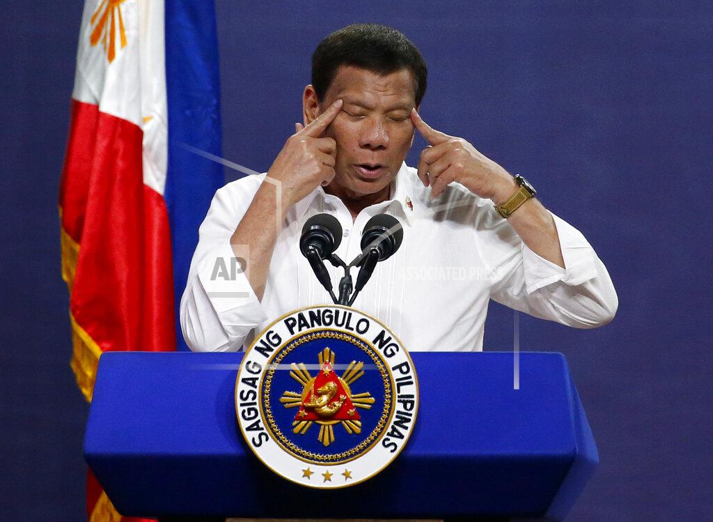 Bullit Marquez FILE - In this Tuesday Aug. 27, 2019 file photo Philippine President Rodrigo Duterte gestures as he addresses land reform beneficiaries on the 31st year of the implementation of the Comprehensive Agrarian Reform Program (CARP) in suburban Quezon city northeast of Manila, Philippines. International Criminal Court judges on Wednesday Sept. 15, 2021, authorized an investigation into the Philippines' deadly "war on drugs" campaign, saying the crackdown "cannot be seen as a legitimate law enforcement operation." (AP Photo/Bullit Marquez, File)