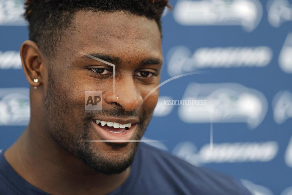Ted S. Warren Seattle Seahawks rookie wide receiver DK Metcalf talks to reporters, Monday, July 29, 2019, during NFL football training camp in Renton, Wash. (AP Photo/Ted S. Warren)