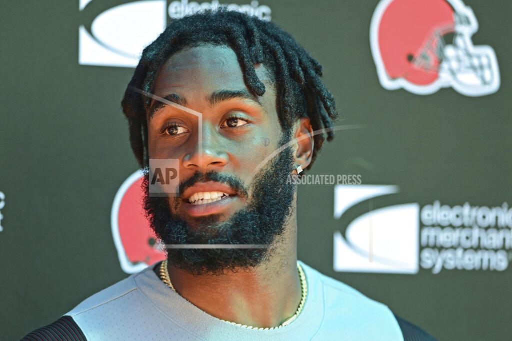 David Dermer Cleveland Browns strong safety John Johnson speaks to the media after an NFL football practice in Berea, Ohio, Tuesday, Aug. 24, 2021. (AP Photo/David Dermer)