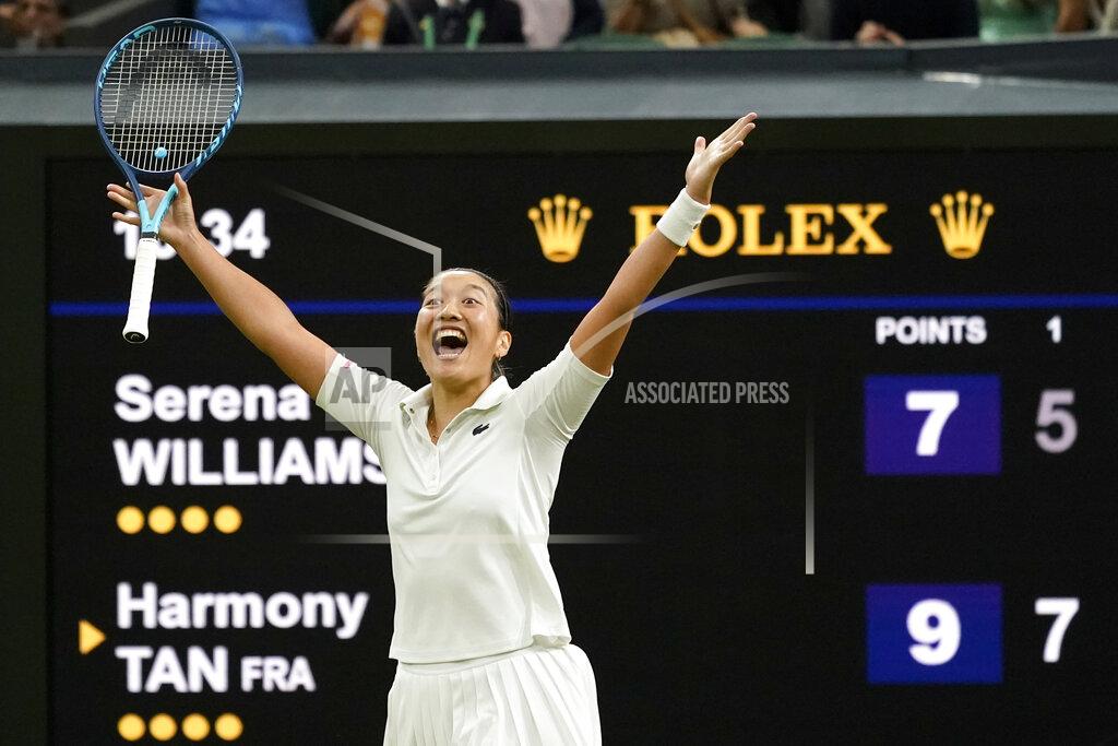 Alberto Pezzali France's Harmony Tan celebrates after beating Serena Williams of the US in a first round women's singles match on day two of the Wimbledon tennis championships in London, Tuesday, June 28, 2022. (AP Photo/Alberto Pezzali)