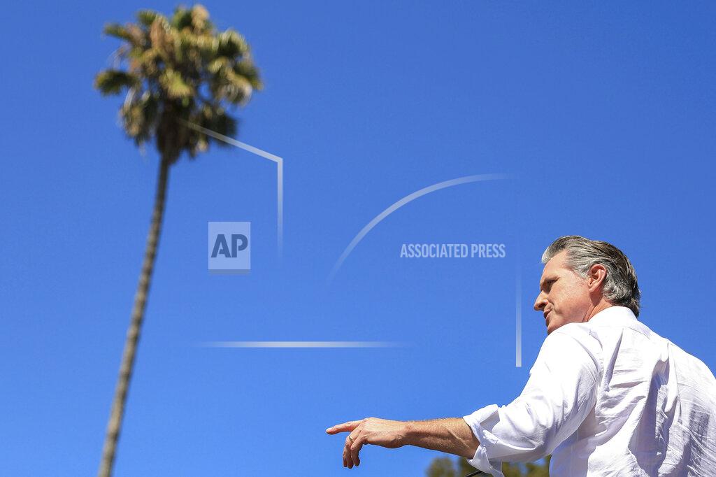 Shae Hammond California Gov. Gavin Newsom speaks during a rally at St. Mary's Center in Oakland, Calif., Saturday, Sept. 11, 2021. The last day to vote in the recall election is Tuesday, Sept. 14. A majority of voters must mark "no" on the recall to keep Newsom in office. (Shae Hammond/Bay Area News Group via AP)