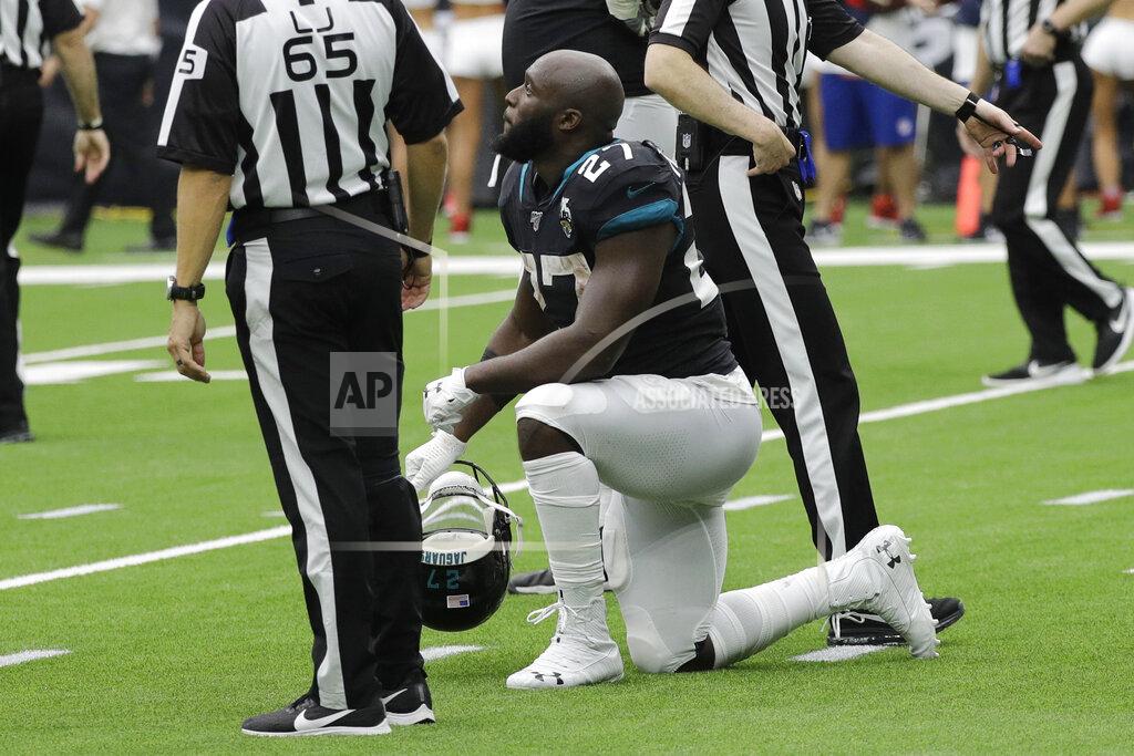 David J. Phillip Jacksonville Jaguars running back Leonard Fournette (27) reacts after he was held short of the goal line on a two-point conversion attempt against the Houston Texans during the second half of an NFL football game Sunday, Sept. 15, 2019, in Houston. (AP Photo/David J. Phillip)