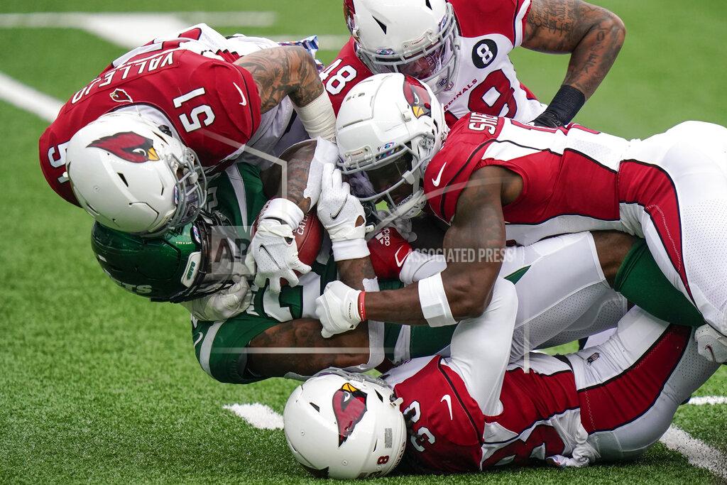 Frank Franklin Ii New York Jets running back La'Mical Perine, lower left, is tackled by Arizona Cardinals linebacker Tanner Vallejo (51) during the first half of an NFL football game, Sunday, Oct. 11, 2020, in East Rutherford. (AP Photo/Frank Franklin II)