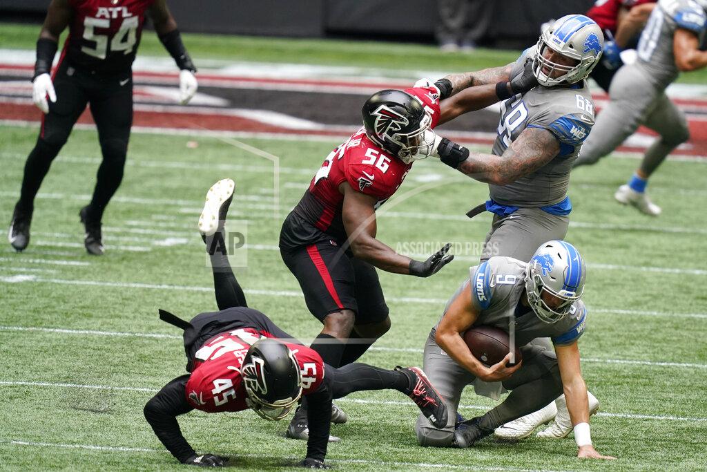 Brynn Anderson Atlanta Falcons defensive end Dante Fowler Jr. (56) collides with Detroit Lions offensive tackle Taylor Decker (68) during a sack of Detroit Lions quarterback Matthew Stafford (9) during the second half of an NFL football game, Sunday, Oct. 25, 2020, in Atlanta. (AP Photo/Brynn Anderson)