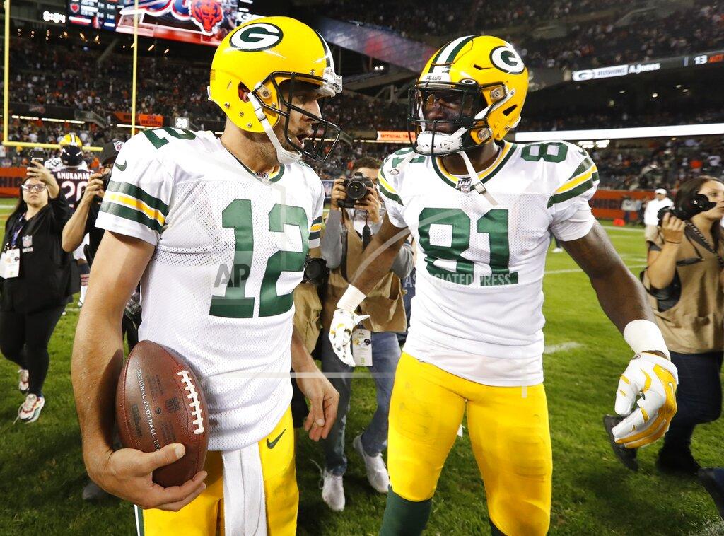 Morry Gash Green Bay Packers' Aaron Rodgers celebrates with Geronimo Allison (81) after an NFL football game against the Chicago Bears Thursday, Sept. 5, 2019, in Chicago. The Packers won 10-3. (AP Photo/Morry Gash)