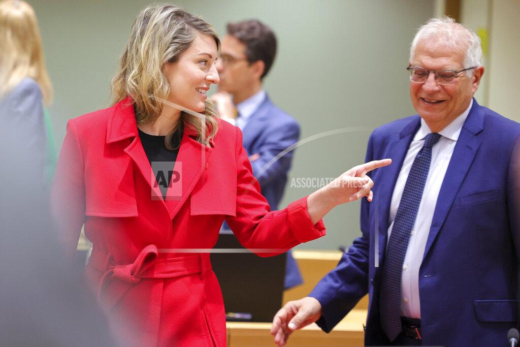 Olivier Matthys Canadian minister of foreign affairs Mélanie Joly and European Union foreign policy chief Josep Borrell arrive for a meeting of EU foreign ministers at the European Council building in Brussels, Monday, May 16, 2022. European Union foreign ministers on Monday will discuss current affairs and have an exchange of views on the Russian aggression against Ukraine and the Global Gateway. (AP Photo/Olivier Matthys)