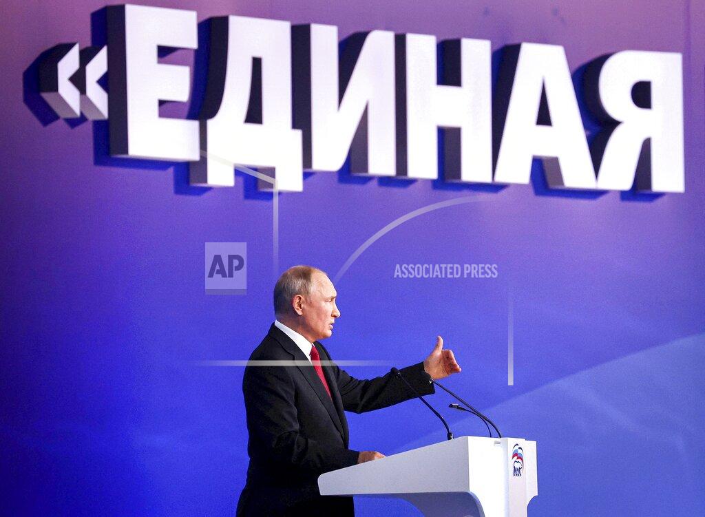 Grigory Sysoyev FILE - In this Aug. 24, 2021, file photo, Russian President Vladimir Putin speaks at the United Russia party congress with the words "United" in the background in Moscow, Russia. Russia is holding three days of voting for a new parliament that is unlikely to change the country’s political complexion. There’s no expectation that United Russia, the party devoted to Putin, will lose its dominance in the State Duma. (Grigory Sysoev/Sputnik, Kremlin/Pool Photo via AP, File)
