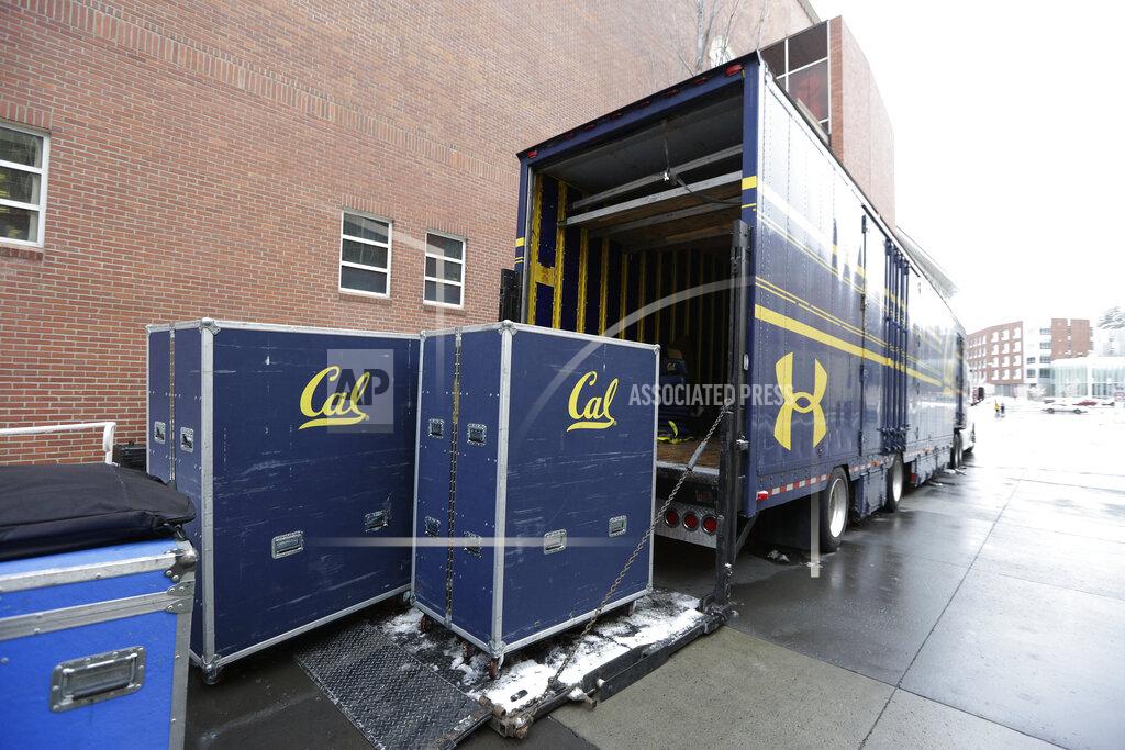 Young Kwak California team equipment sits before loaded into a trailer at Martin Stadium after the NCAA college football game between Washington State and California was canceled because of a case of COVID-19 on the Cal team, Saturday, Dec. 12, 2020, in Pullman, Wash. (AP Photo/Young Kwak)