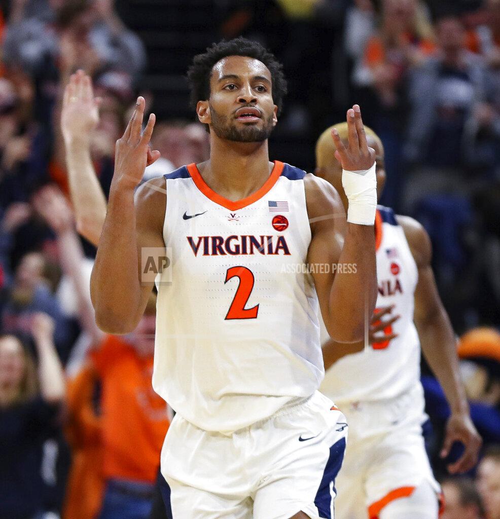Andrew Shurtleff Virginia guard Braxton Key (2) reacts after shooting a 3-point basket during an NCAA college basketball game against Duke Saturday, Feb. 29, 2020, in Charlottesville, Va. (AP Photo/Andrew Shurtleff)