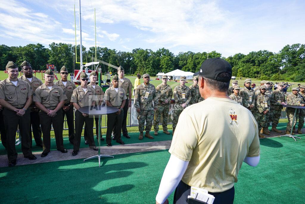 Alex Brandon Washington Commanders head coach Ron Rivera addresses military members a Salute to Service event before practice at the team's NFL football training facility, Saturday, July 30, 2022 in Ashburn, Va. (AP Photo/Alex Brandon)