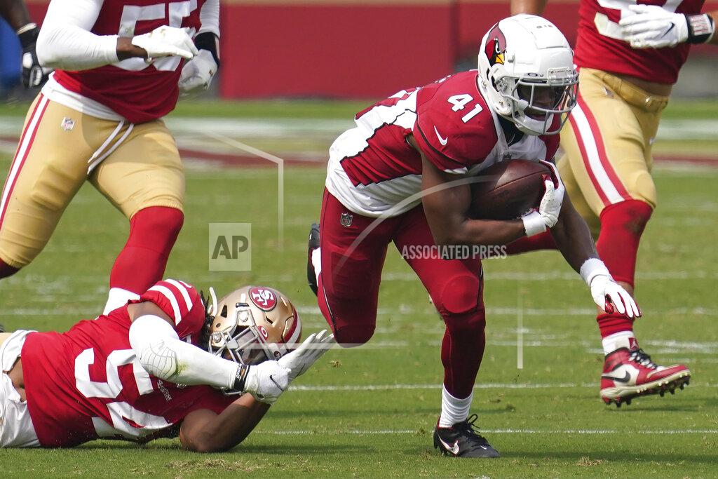 Tony Avelar Arizona Cardinals running back Kenyan Drake (41) runs past San Francisco 49ers middle linebacker Fred Warner (54) during the first half of an NFL football game in Santa Clara, Calif., Sunday, Sept. 13, 2020. (AP Photo/Tony Avelar)