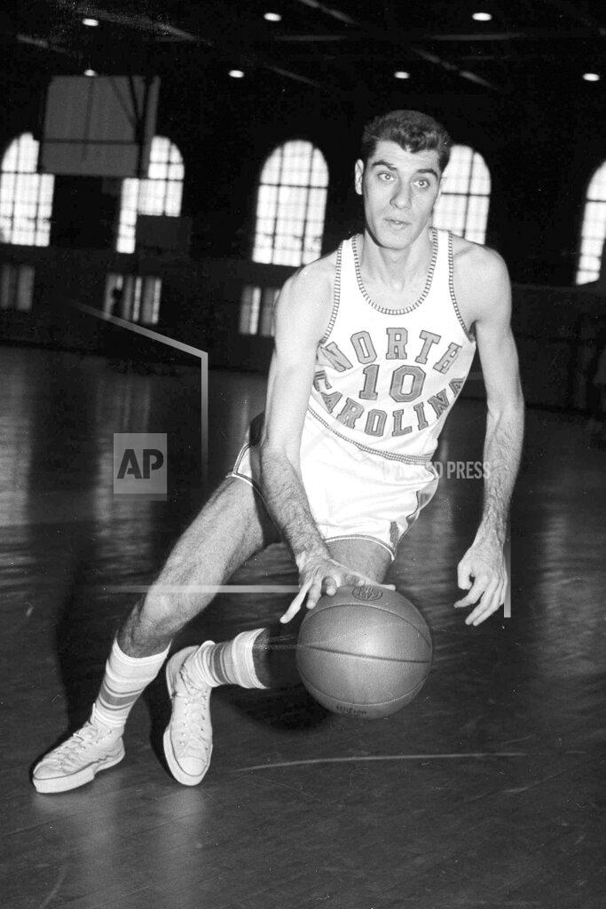Uncredited FILE - North Carolina basketball star Lennie Rosenbluth is shown during a practice session Feb. 27, 1957, location not known. Rosenbluth, who led North Carolina to its first basketball NCAA title in 1957 with a victory over Wilt Chamberlain and Kansas in the championship game, died Saturday, June 18, 2022. He was 89. (AP Photo/File)