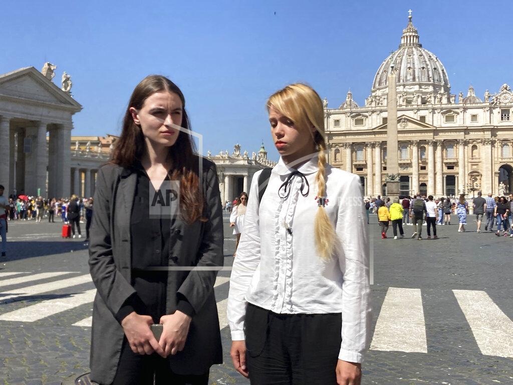 Nicole Winfield Kateryna Prokopenko, right, wife of Azov Regiment Commander Denys Prokopenko, and Yuliia Fedosiuk, both from Ukraine, talk with The Associated Press at the end of the weekly general audience where they met with Pope Francis in St. Peter's Square at The Vatican, Wednesday, May 11, 2022. (AP Photo/Nicole Winfield)