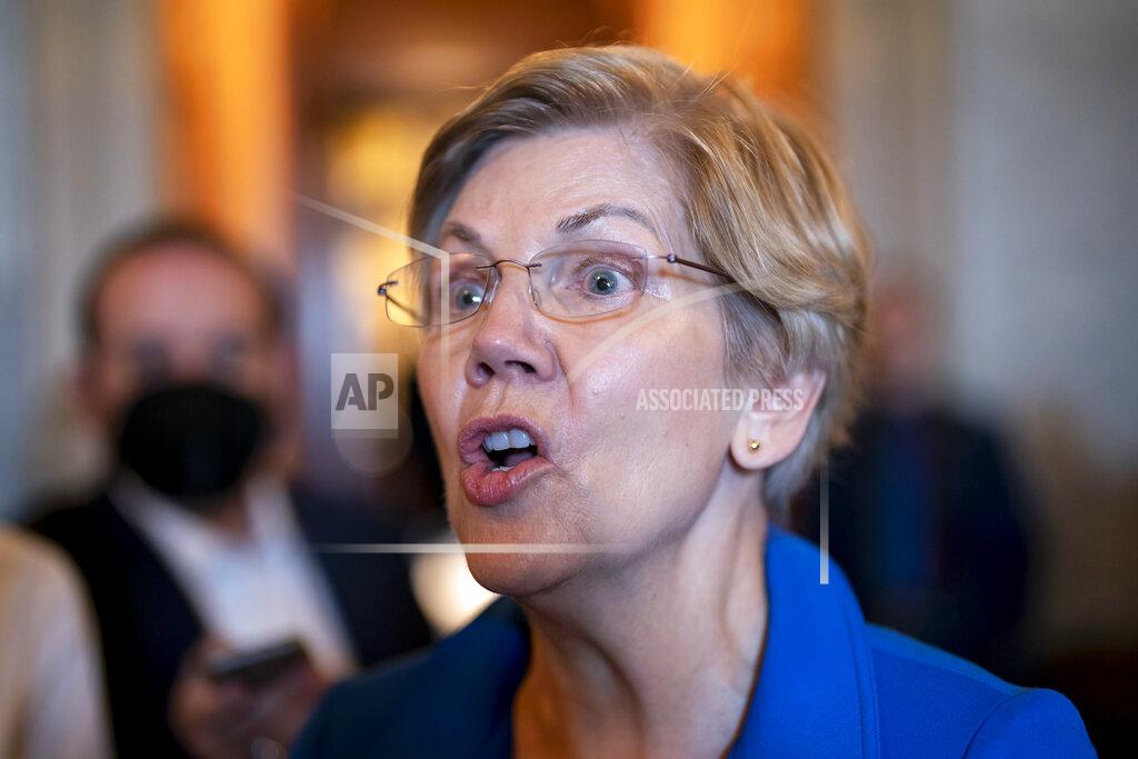 J. Scott Applewhite Sen. Elizabeth Warren, D-Mass., expresses her frustration with Senate Republicans on efforts to curb gun violence, as she speaks to reporters at the Capitol in Washington, Wednesday, May 25, 2022, after a mass shooting at a Texas elementary school. (AP Photo/J. Scott Applewhite)