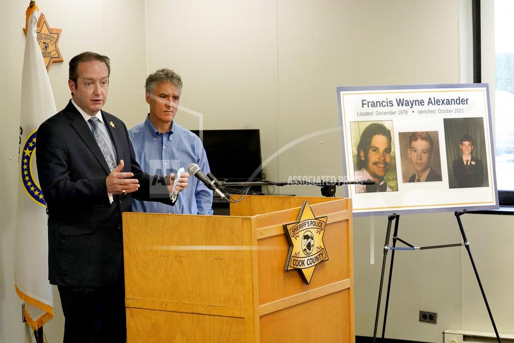 Charles Rex Arbogast Cook County Sheriff's Detective Lt. Jason Moran, left, responds to a question with Sheriff Tom Dart after Dart announced the identity of "Gacy Victim 5" as North Carolina native Francis Wayne Alexander during a news conference Monday, Oct. 25, 2021, in Maywood, Ill. Alexander's body was among 26 discovered by police in the crawl space of John Wayne Gacy's home more than 40 years ago, with three more found outside the house and four others found in waterways that Gacy admitted killing. Police were able to identify 25 of the victims but the final eight, Alexander among them, were buried without having ever been identified. (AP Photo/Charles Rex Arbogast)