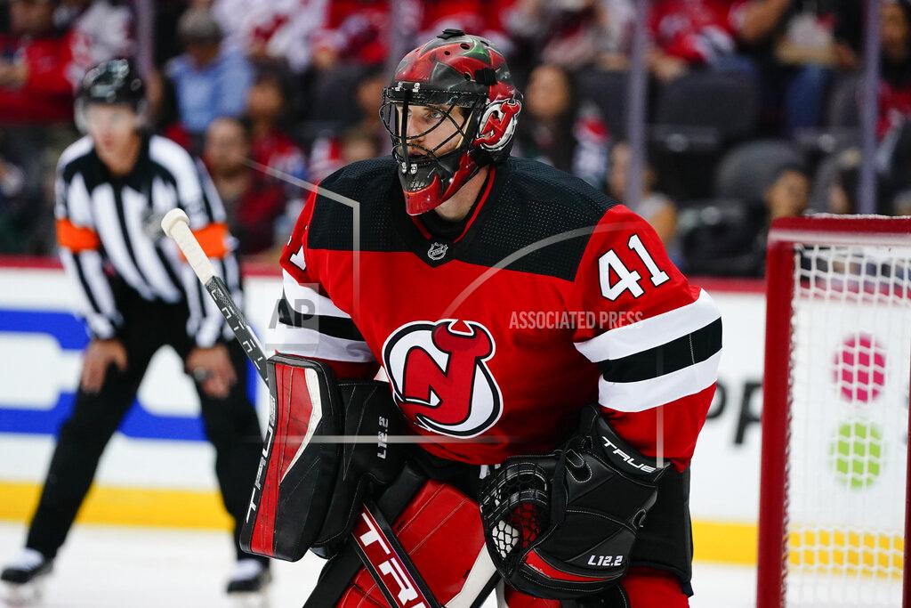 Frank Franklin Ii New Jersey Devils goaltender Scott Wedgewood (41) stands in front of the net during the second period of the team's NHL hockey game against the Washington Capitals on Thursday, Oct. 21, 2021, in Newark, N.J. (AP Photo/Frank Franklin II)