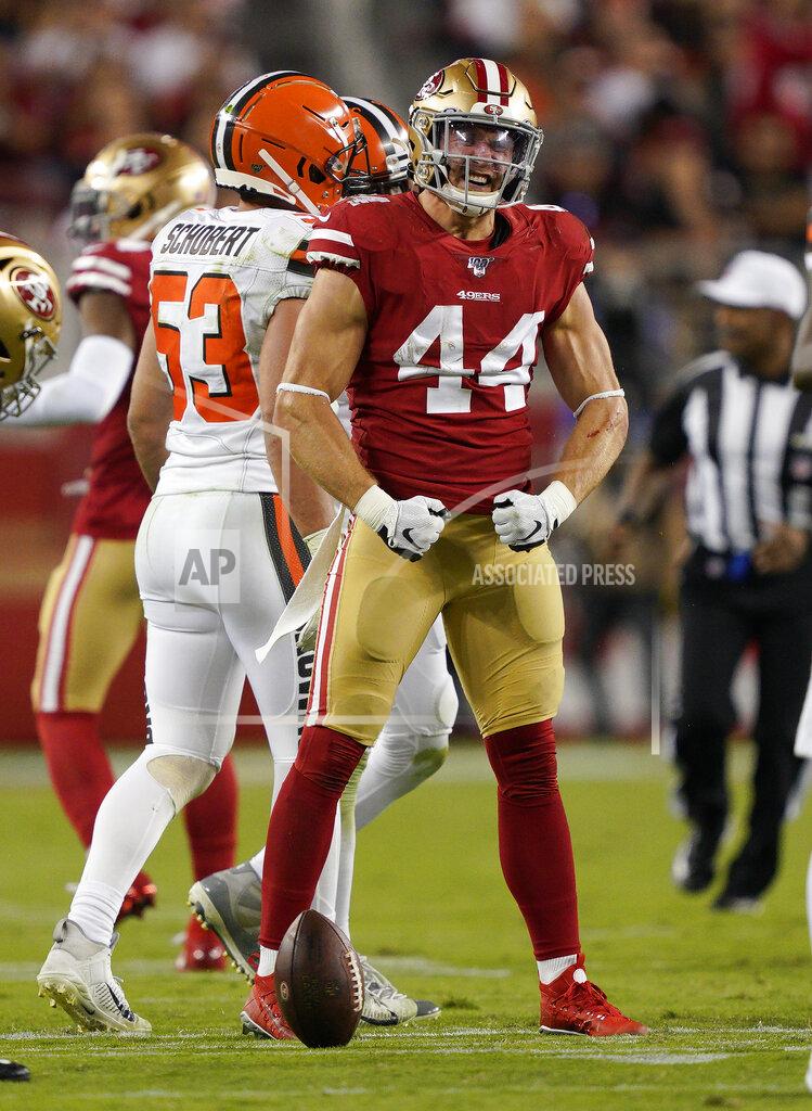 Tony Avelar San Francisco 49ers fullback Kyle Juszczyk (44) reacts during the second half of an NFL football game against the Cleveland Browns in Santa Clara, Calif., Monday, Oct. 7, 2019. (AP Photo/Tony Avelar)