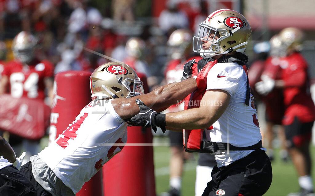 Jeff Chiu San Francisco 49ers' Solomon Thomas, left, and Nick Bosa perform a drill at the team's NFL football training camp in Santa Clara, Calif., Saturday, July 27, 2019. (AP Photo/Jeff Chiu)