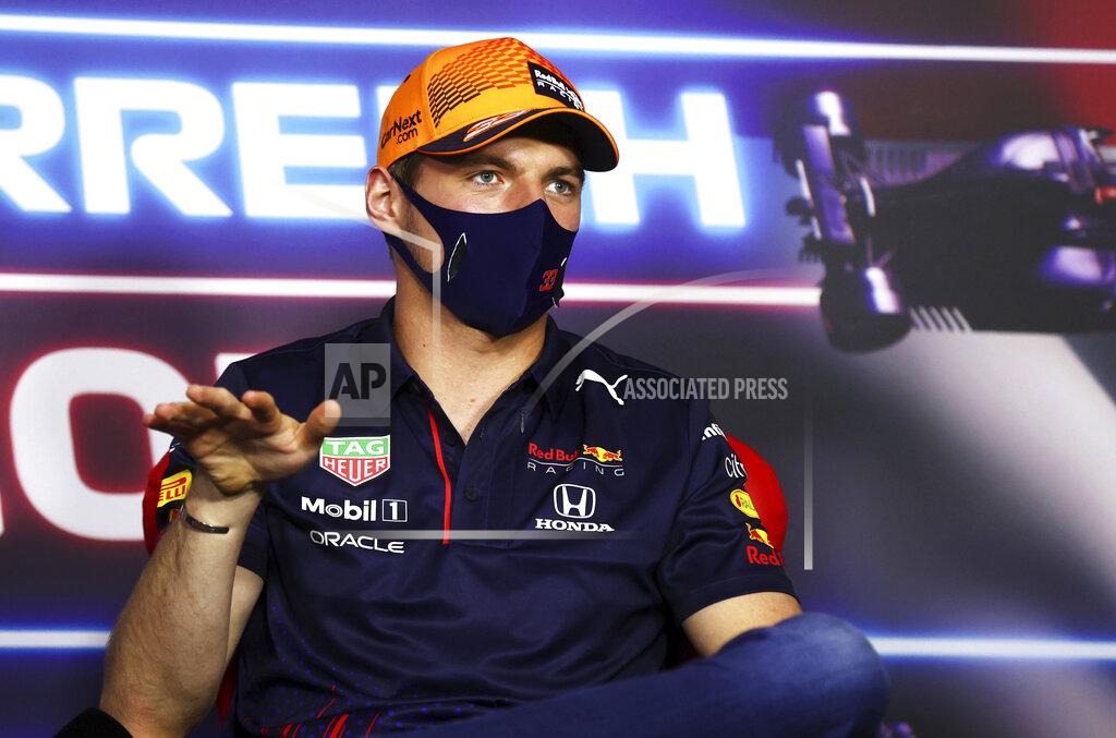 Red Bull driver Max Verstappen of the Netherlands attends a media conference ahead of the Austrian Formula One Grand Prix at the Red Bull Ring racetrack in Spielberg, Austria, Thursday, July 1, 2021. (Clive Rose/Pool Photo via AP)