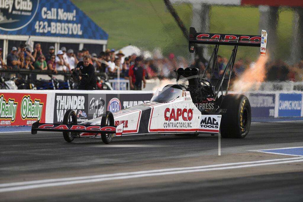 Uncredited In this photo provided by the NHRA, Steve Torrence drives in Top Fuel qualifying at the NHRA Thunder Valley Nationals drag races at Bristol Dragway on Friday, June 17, 2022, in Bristol, Tenn. (NHRA via AP)