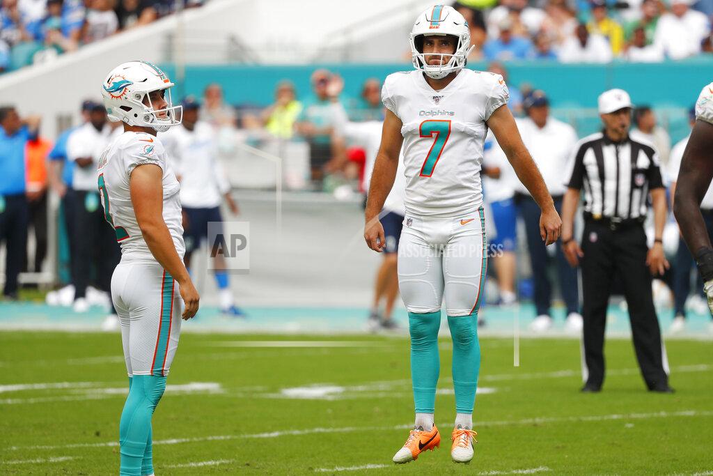 Wilfredo Lee Miami Dolphins kicker Jason Sanders (7) jumps in frustration after missing a field goal, during the first half at an NFL football game against the Los Angeles Chargers, Sunday, Sept. 29, 2019, in Miami Gardens, Fla. To the left is Mpunter Matt Haack (2). AP Photo/Wilfredo Lee)