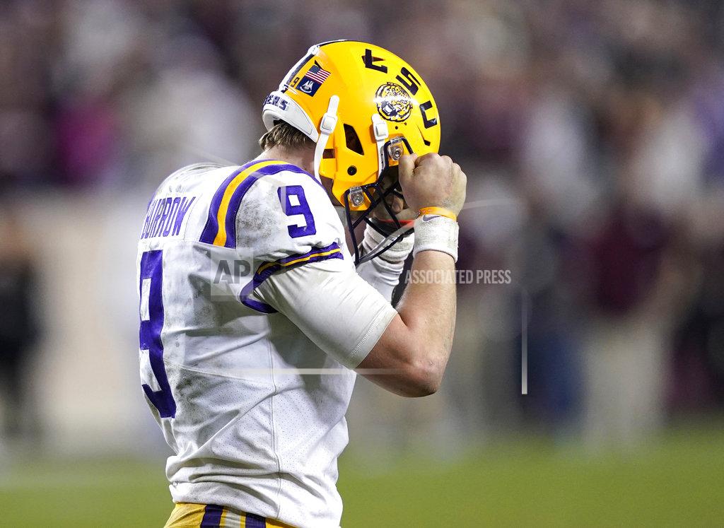 David J. Phillip LSU quarterback Joe Burrow reacts after throwing an incomplete pass on a two-point conversion attempt during overtime of an NCAA college football game against Texas A&M Saturday, Nov. 24, 2018, in College Station, Texas. Texas A&M won 74-72 in seven overtimes. (AP Photo/David J. Phillip)