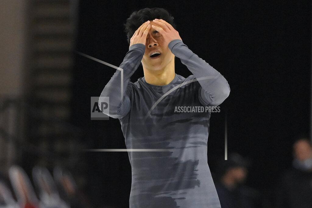 David Becker Nathan Chen reacts after performing during the men's short program at the Skate America figure skating event Friday, Oct. 22, 2021, in Las Vegas. (AP Photo/David Becker)