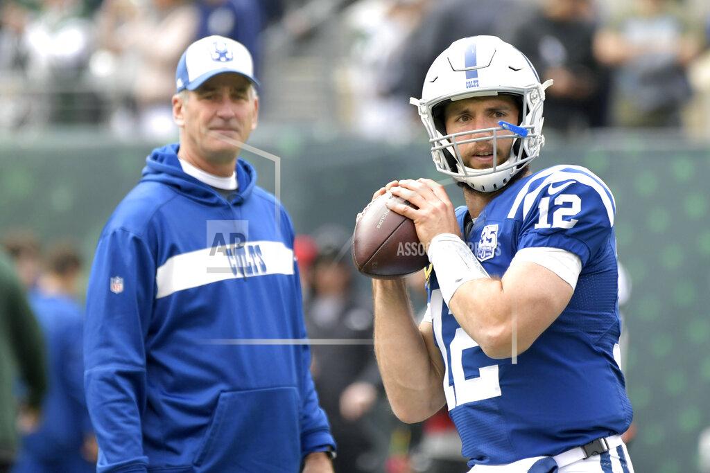 Bill Kostroun FILE - In this Oct. 14, 2018, file photo, Indianapolis Colts quarterback Andrew Luck (12) warms up as head coach Frank Reich looks on prior to an NFL football game against the New York Jets, in East Rutherford, N.J. The Colts play the Kansas City Chiefs in a divisional playoff game on Saturday, Jan. 12, 2019.(AP Photo/Bill Kostroun, File)