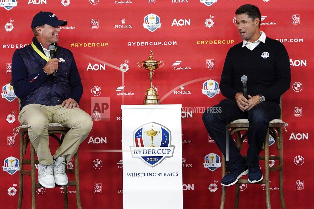 Morry Gash Team USA captain Steve Stricker and Team Europe captain Padraig Harrington answer questions at a new conference for the Ryder Cup at the Whistling Straits Golf Course Monday, Sept. 20, 2021, in Sheboygan, Wis. (AP Photo/Morry Gash)