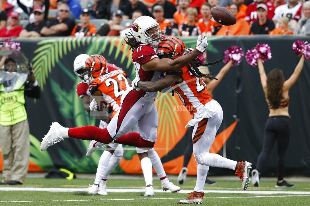 Frank Victores Cincinnati Bengals cornerback B.W. Webb (23) breaks up a pass to Arizona Cardinals wide receiver Larry Fitzgerald (11) in the second half of an NFL football game, Sunday, Oct. 6, 2019, in Cincinnati. (AP Photo/Frank Victores)