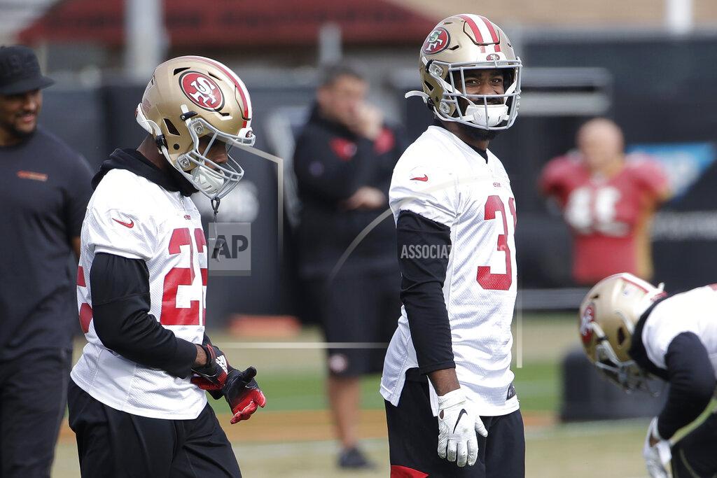 Jeff Chiu San Francisco 49ers running back Matt Breida, left, and running back Raheem Mostert warm up during practice at the team's NFL football training facility in Santa Clara, Calif., Thursday, Jan. 23, 2020. The 49ers will face the Kansas City Chiefs in Super Bowl 54. (AP Photo/Jeff Chiu)