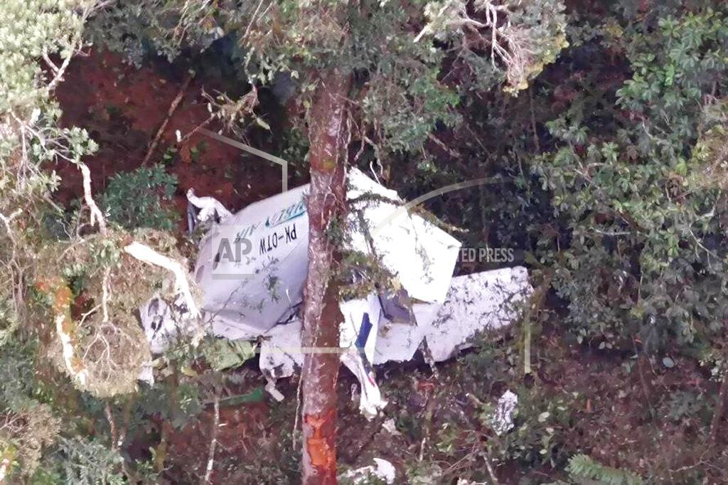 Basarnas In this photo released by Indonesia's National Search and Rescue Agency (BASARNAS), the wreckage of a small Rimbun Air cargo airplane is seen from a rescue helicopter in the mountain near Intan Jaya, Papua province, Indonesia, Wednesday, Sept. 15, 2021. The plane was reported missing 50 minutes after it took off Wednesday in the country's easternmost province. (BASARNAS via AP)