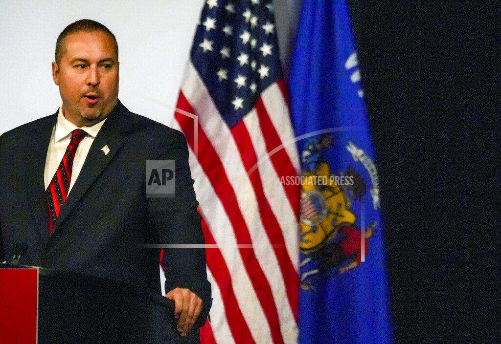 Ebony Cox Gubernatorial candidate Adam Fischer speaks during the Republican State Convention in Middleton, Wis., Saturday, May 21, 2022. (Ebony Cox/Milwaukee Journal-Sentinel via AP)