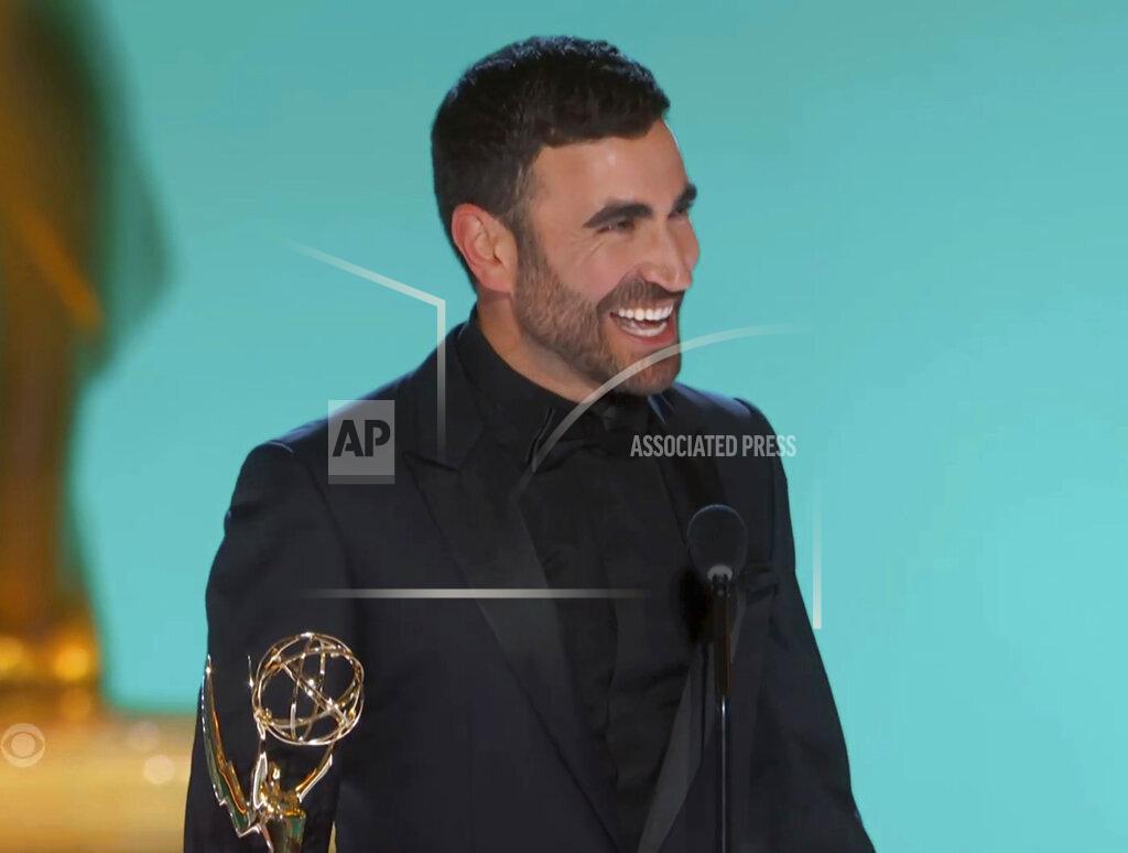 Uncredited In this video grab issued Sunday, Sept. 19, 2021, Brett Goldstein accepts the award for outstanding supporting actor in a comedy series for "Ted Lasso" at the 73rd Primetime Emmy Awards at L.A. Live in Los Angeles. (Television Academy via AP)