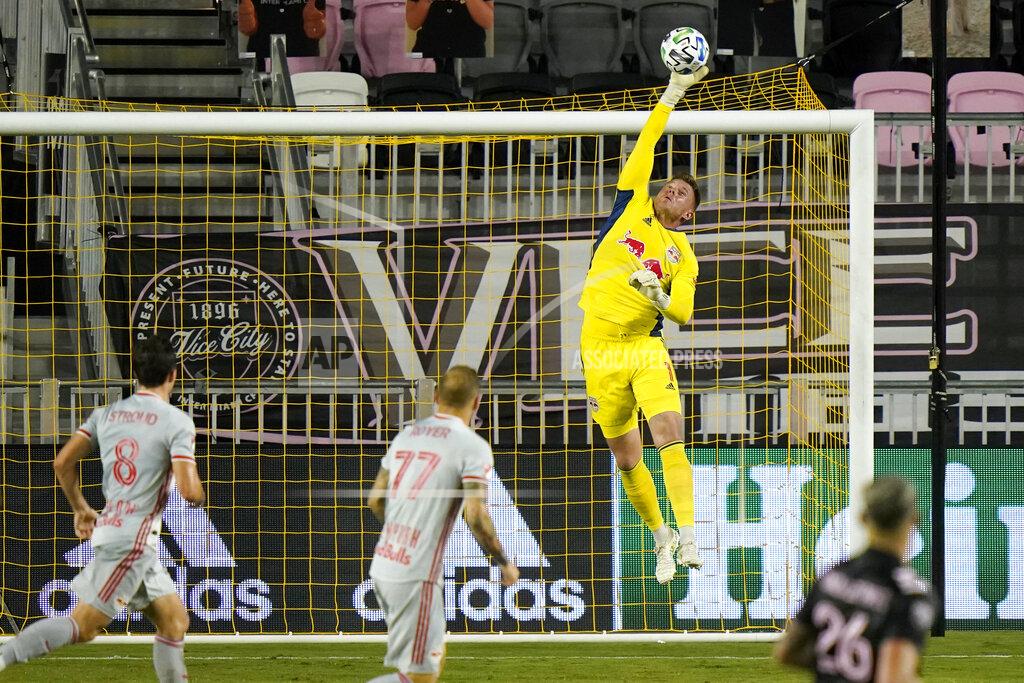 New York Red Bulls goalkeeper David Jensen makes a save during the second half of an MLS match against Inter Miami, Wednesday, Sept. 23, 2020, in Fort Lauderdale, Fla. (AP Photo/Lynne Sladky)