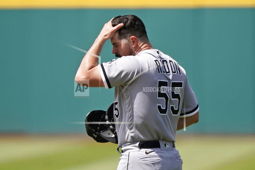 Tony Dejak Chicago White Sox starting pitcher Carlos Rodon reacts after giving up a solo home run to Cleveland Indians' Amed Rosario in the first inning of the first baseball game of a doubleheader, Monday, May 31, 2021, in Cleveland. (AP Photo/Tony Dejak)