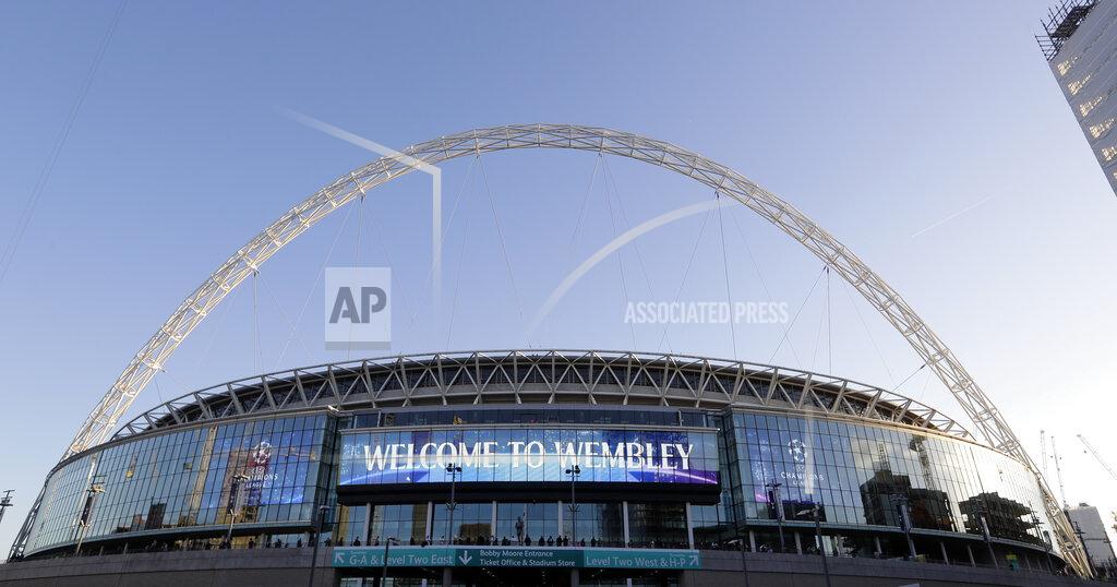 Kirsty Wigglesworth FILE In this Wednesday, Oct. 3, 2018 file photo, a view of the exterior of Wembley Stadium in London. With coronavirus restrictions eased to allow fans back into stadiums, there at least will be some atmosphere at the tournament after months of games being played without any. Budapest wants all fans to come, while Saint Petersburg and Baku hope to use 50% of stadium capacity. (AP Photo/Kirsty Wigglesworth, File)