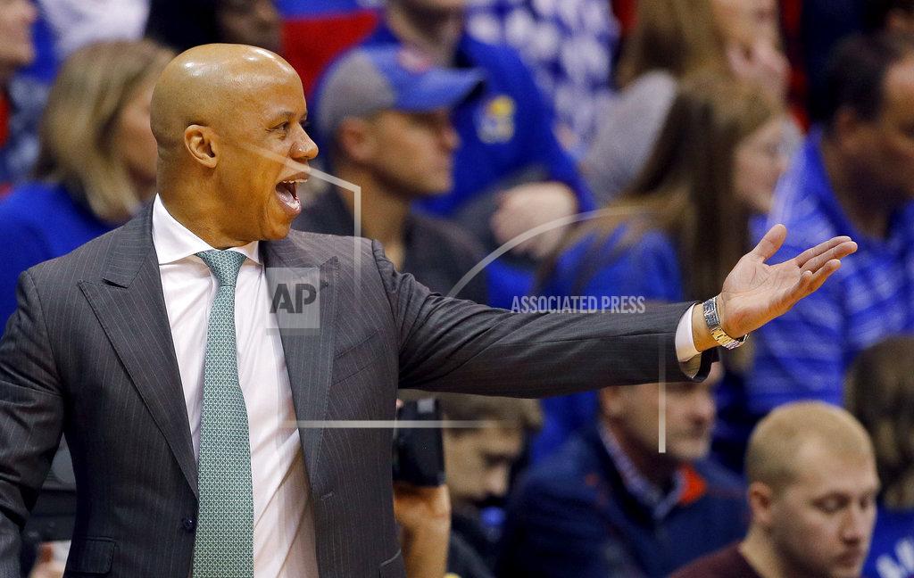 Charlie Riedel Eastern Michigan head coach Rob Murphy questions a call during the first half of an NCAA college basketball game against Kansas Saturday, Dec. 29, 2018, in Lawrence, Kan. (AP Photo/Charlie Riedel)